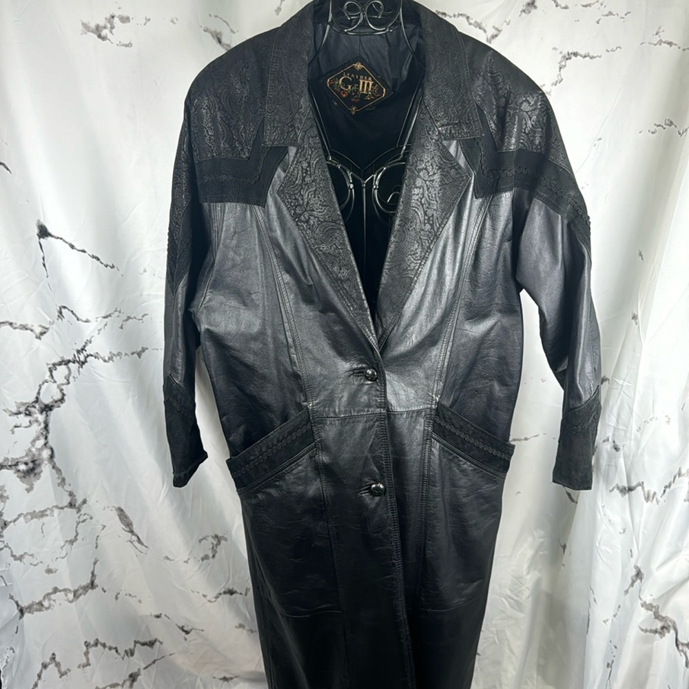 G III Genuine Leather Trench Coat Vintage Full-Length Black 80's Cut Fully Lined